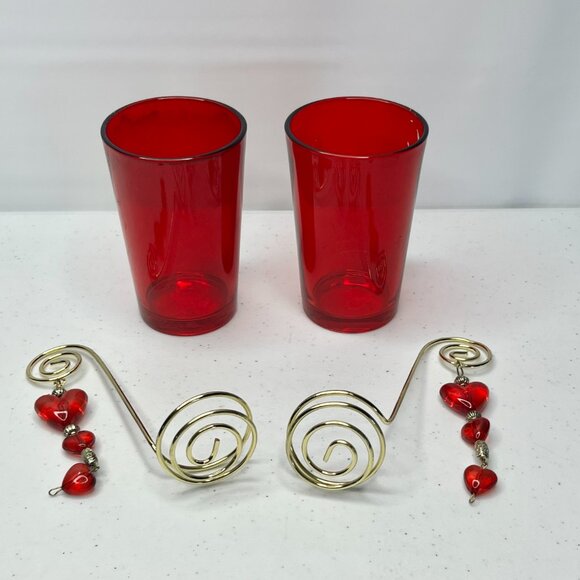 Pair Red Glass Luminary Votive Candle Holder Decorative Hearts Golden Wire Roman - Picture 14 of 17